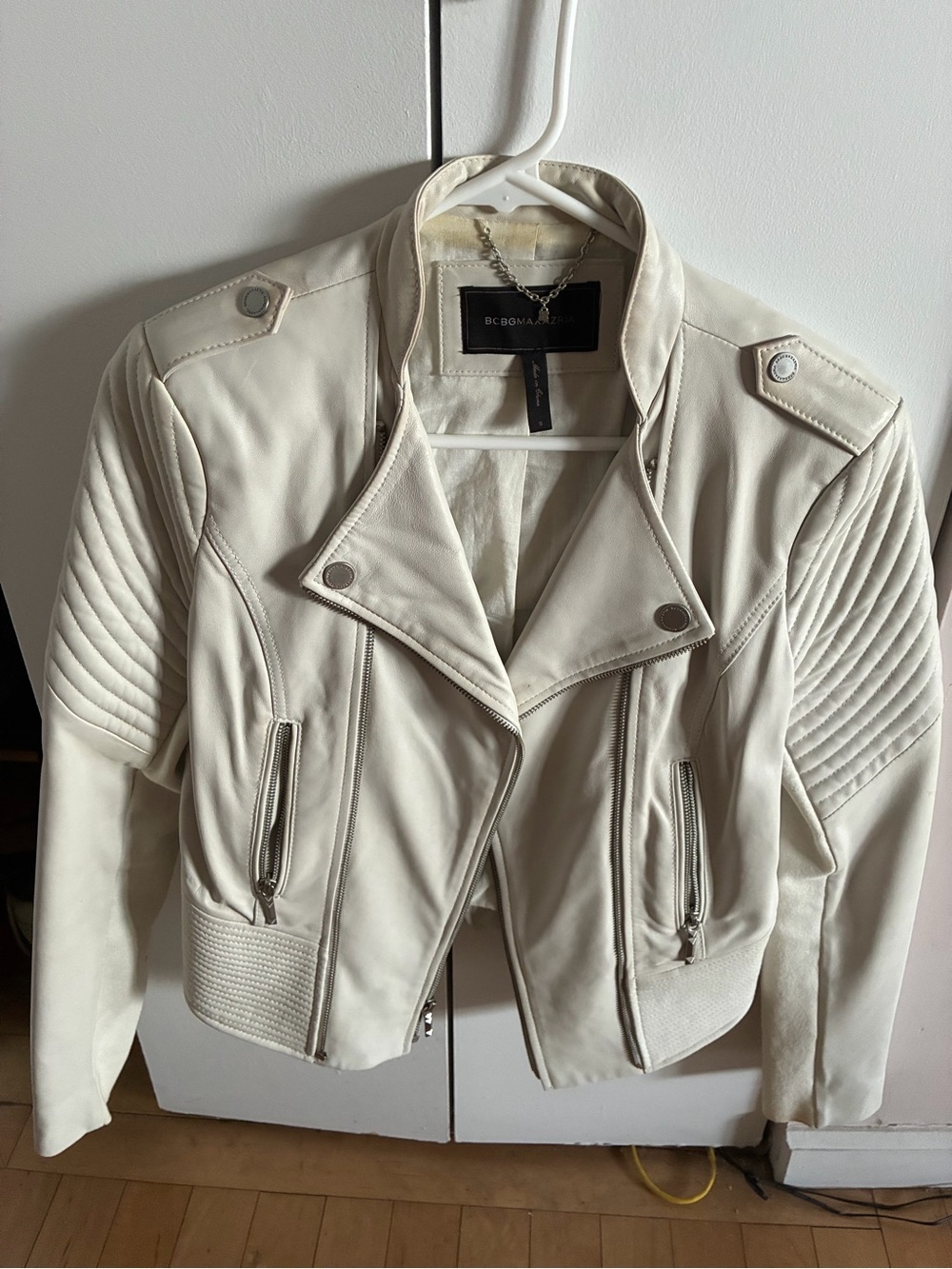 BCBG Max Azria white leather moto jacket
